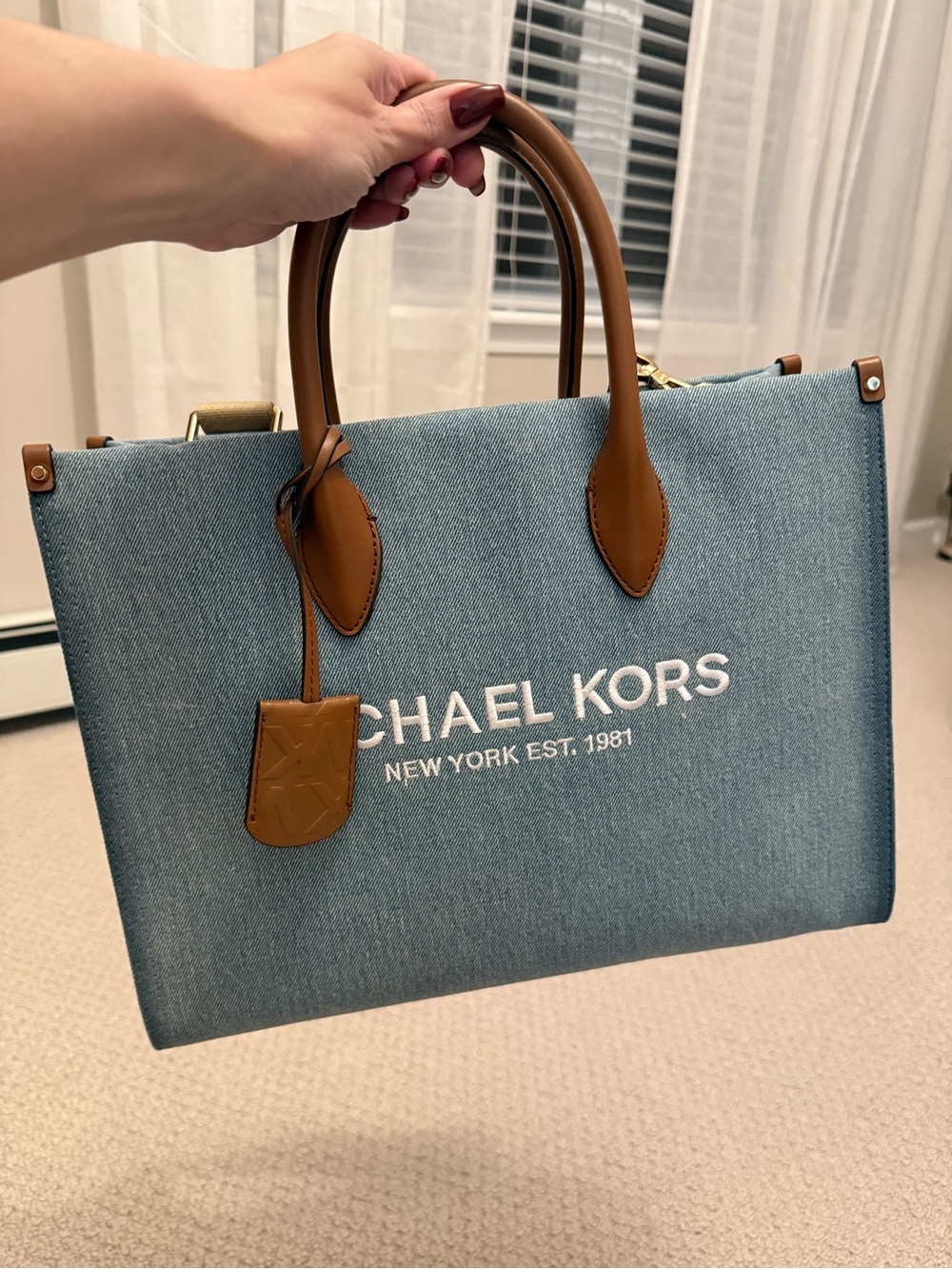 Michael Kors Light Blue Denim Tote with Tan Leather Handles